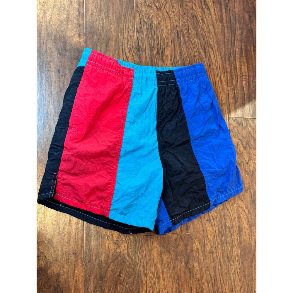 VTG Surf Rags Colorblock Boys M 10-12 Red/Blue/Black Lined Rad 80s Swim Trunks